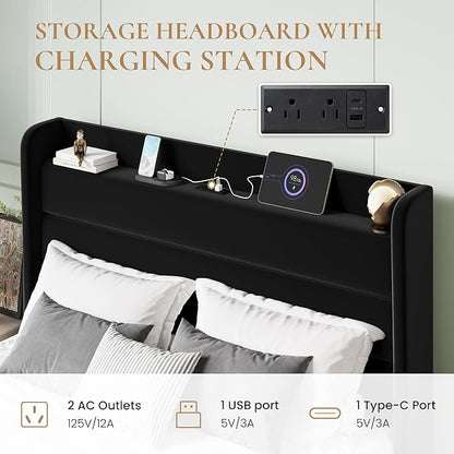 SHA CERLIN Queen Bed Frame with Charging Station, Velvet Upholstered Platform Bed, Wingback Storage Headboard, Type-C & USB Ports, Strong Wooden Slats, No Box Spring Needed, Easy Assembly, Black