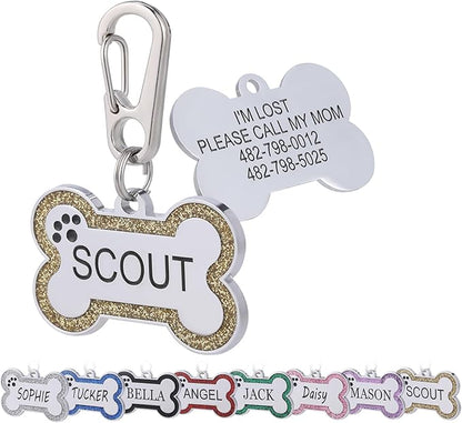 Personalized Stainless Steel Pet ID Tags with Glittery Bone Design - DEEP Engraved Dog Tags Engraved for Pets Customized with 5 Lines Dogs and Cats Pets