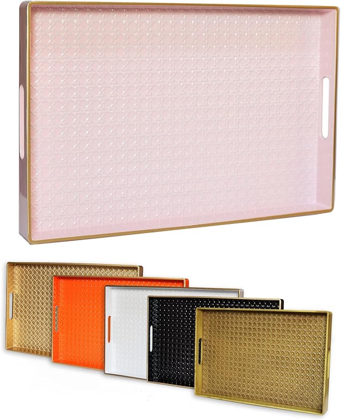 Pink Decorative Coffee Table Tray, Rectangular Plastic Serving Tray with Handles for Living Room, Ottoman, Bathroom, 15.7"*10.2"