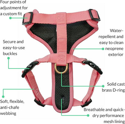 Adventure Dog Harness - Stylish, and Durable Medium Dog Harness for Outdoor Adventures and Everyday Wear - Quartz Pink Neoprene Adjustable Harness for Dogs with Reflective Piping, Brass D-Ring