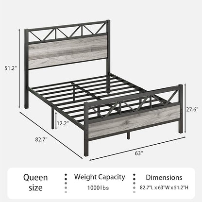 Queen Size Frame with 51.2" Tall Headboard, Platform Bed Frame with Metal Support, Solid and Stable, Noise Free, No Box Spring Needed, Wash Grey