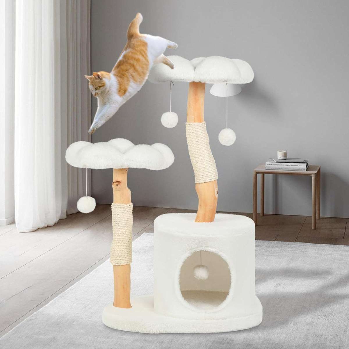 Cute Cat Tree Tower for Indoor Cats Adult, Wood Flower Cat Trees with 6 Pompoms, Modern Cat Tree Tower with Scratching Post, Aesthetic Luxury Cat Condo for Cats Kitten, Alpine White