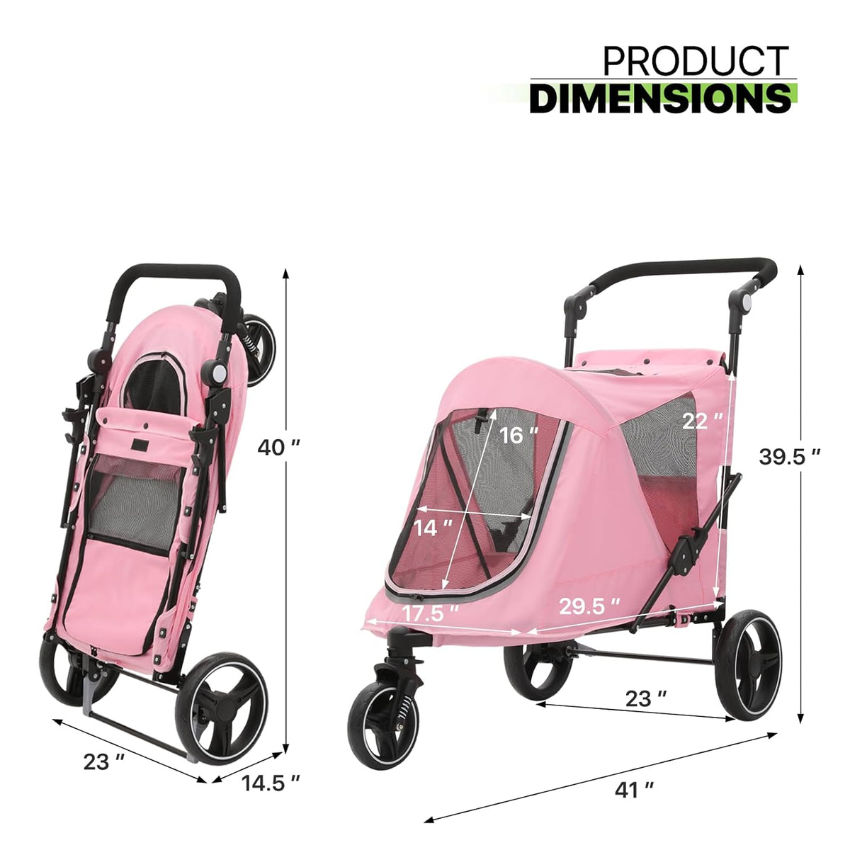 Magshion Pet Stroller for Medium Dogs w/Adjustable Handle, 3-Wheel Dog Cat Wagon w/Dual Entry, Rear Storage, Breathable Mesh, One-Foot Brake, Ideal for Large Pets up to 55 lbs, Pink
