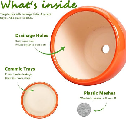 Ceramic Planter - 10 Inch 8 Inch 6 Inch Plant Pot with Drainage Holes and Saucers, Round Planters for Indoor Outdoor, Modern Flower Pots, House Garden Room Decor, Gardening Gifts, Orange