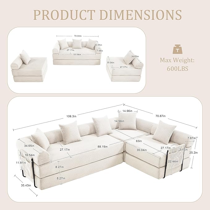 106" Oversized Convertible Sleeper Sofa Bed, Corduroy L Shape Sectional Couch, Folding Sofa Bed with Side Pocket, Modern Cloud Floor Mattress Couch, Modular Sofa for Living Room, Beige