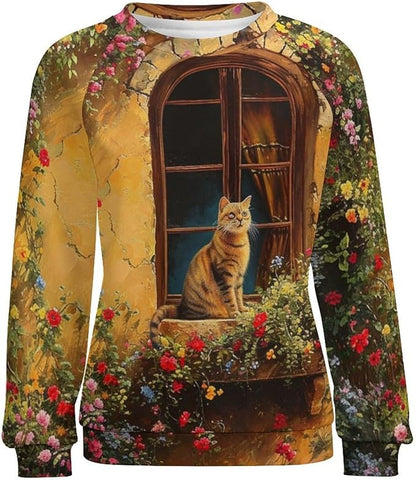 Long Sleeve Shirts for Women Cat Oil Painting Shirt 3D Graphic Sweatshirts Fall Pullover Crewneck Vintage Boho Tops