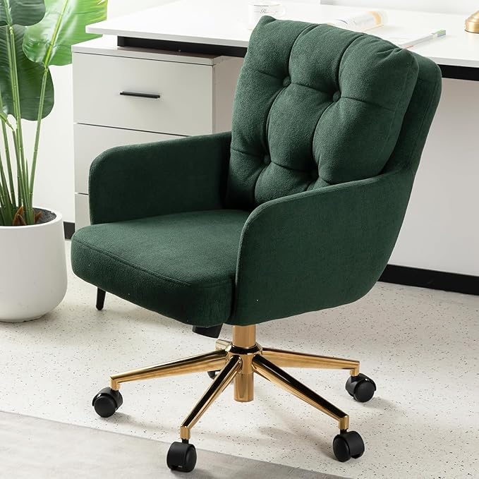BALIAA Flannel Office Chair, Comfy Home Office Desk Chairs with Lumbar Support, Modern Velvet Desk Chair Gold Legs Small Swivel Task Chair for Home Office, Bedroom, Study (Green, L)