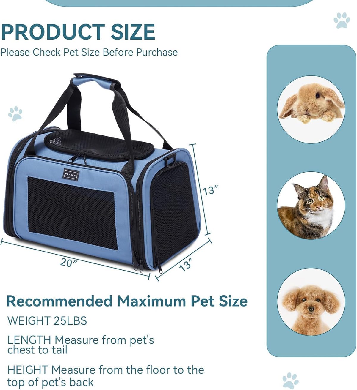 PETSFIT Dog Carrier for Small Dogs, Small Dogs Carrier Bag, Soft-Sided Pet Carrier with a Safety Leash for Pets Up to 25 Lbs (Large, Blue)