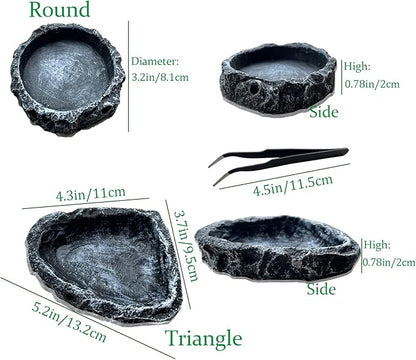 Reptile Feeding Dish Water Bowls 2 Pack Food Dish Water Dish Reptile Dish with Breadworm Feeding for Dragon Leopard Gecko Lizard Spider Scorpion Chameleon ((Round + Corner) Bowl+Tongs)