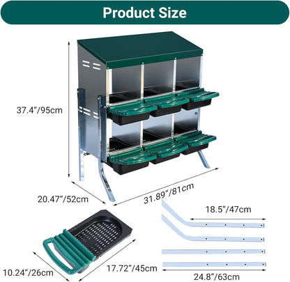 Chicken Nesting Box, 6 Hole 2 Layer Hen Nest Boxes with Legs, Roll Away Eggs Laying Boxes,Cleanable Pull Out Hen Roosting Boxes