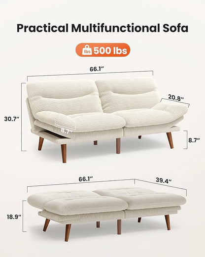 AMADA 66"Convertible Futon Sofa Bed, Corduroy Folding Futon Set with Adjustable Backrest &Armrests, Recliner Lounge for Living Room, Apartment or Office, Solid Wood Frame, Loveseat Sofa - Beige White