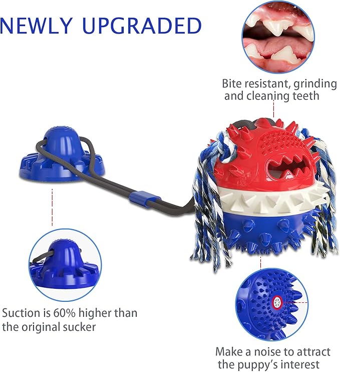 Aggressive Chewer Dog Toys - Rope Toys with Suction Cup, Teething Treats & Puzzle Food Dispensing Ball (Navy Blue)