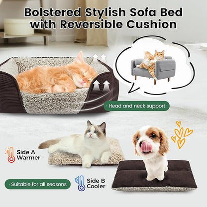 Miguel Washable Dog Bed with Removable Cushion for Medium Small Dogs, Easy to Wash Pet Sofa Bed with Side, Rectangle Bolster Cat Bed Calming Cuddle Puppy Bed with Anti-Slip Bottom, Brown 25 Inch