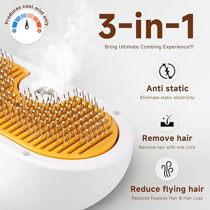 Pet Steam Brush for Dog & Cat - 3-in-1 Steam Grooming Brush for Shedding & Hair Removal - Self Cleaning Spray Comb with Mist for Long Haired Pets, Yellow