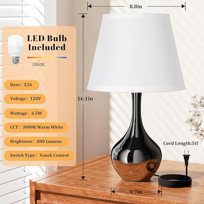 Seealle Touch Touch Table Lamps for Nightstand, 3-Way Dimmable Small Bedroom Lamps for Night Stands, Pearl-Black Bedside Lamps for Living Room, Kids Room, End Table(LED Bulb Included)