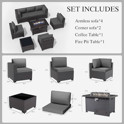 Gotland 8 Pieces Patio Furniture Set with Fire Pit Table, All Weather Rattan Outdoor Furniture with 29.5'' High Backrest 4’’ Thick Cushions Coffee Table, Outdoor Sectional for Porch, Deck, Gray