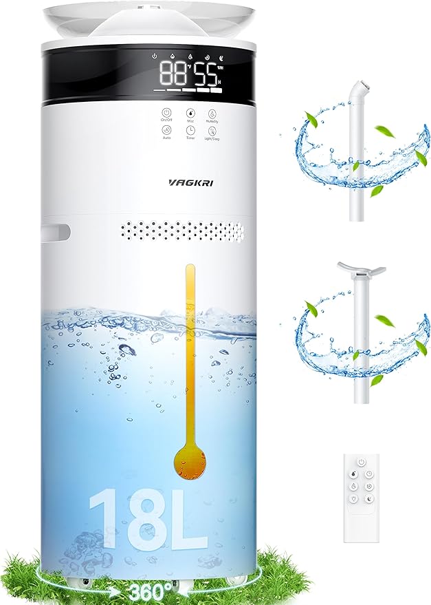 VAGKRI Humidifiers for Large Room, 18L Ultrasonic Cool Mist Humidifier for Home