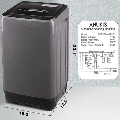 Anukis Fully Automatic Washing Machine, 13 lbs Capacity Compact Laundry Washer
