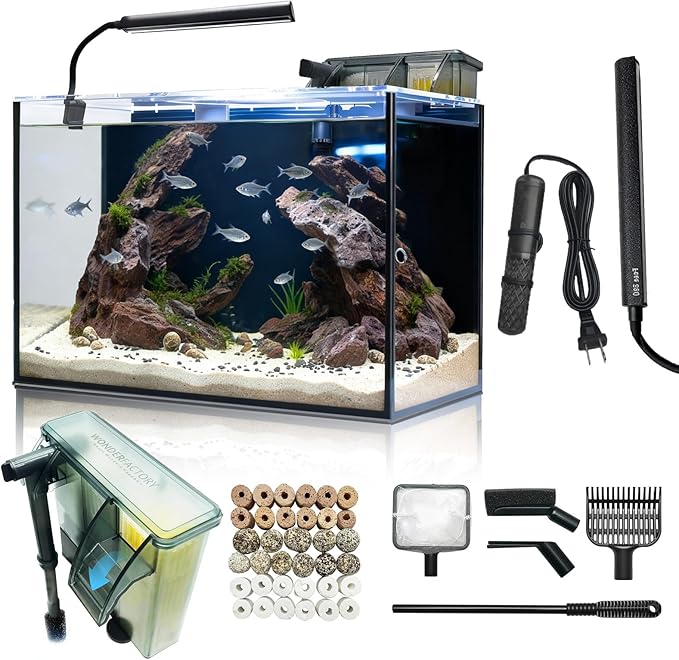 10 Gallon Aquarium Set Glass Fish Tank, Heater Self Cleaning System Filter with Media Bright Light Cleaning Tool, Leak-Proof Clear Rimless Betta Tropical Freshwater Fish