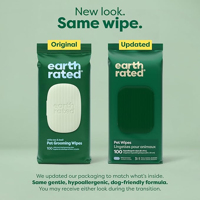 Earth Rated Pet Wipes for Dogs and Cats, Hypoallergenic, 3-in-1 Cleaning, Deodorizing and Hydrating, for Grooming Paws, Body and Butt, New White Tea and Basil Scent, 100 Count