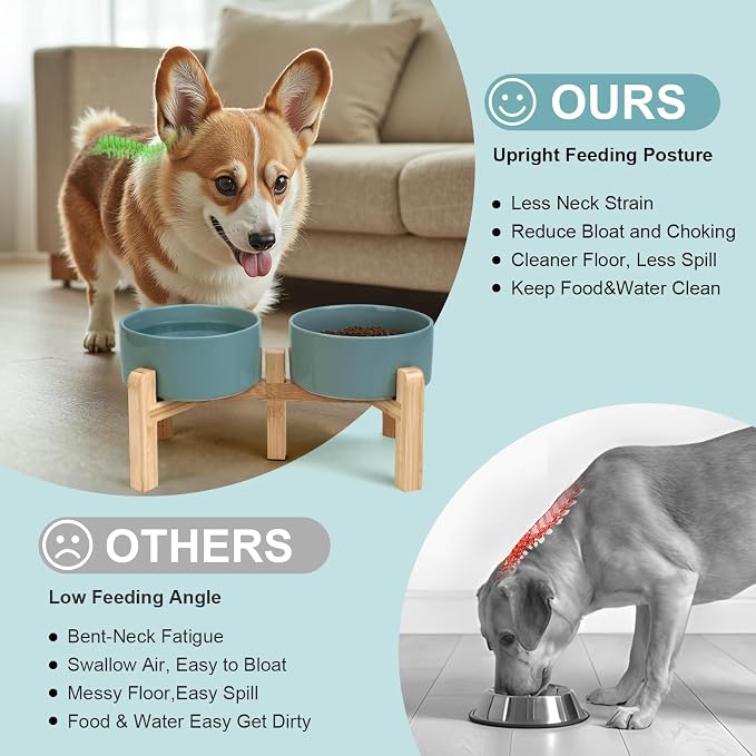 SPUNKYJUNKY Elevated Dog Bowls Ceramic, 6.1'' Dogs and Cat Food Water Bowls Raised with Non-Slip Bamboo Stand for Medium Sized Breed Microwave Dishwasher Safe - 28.7 OZ,Dark Green