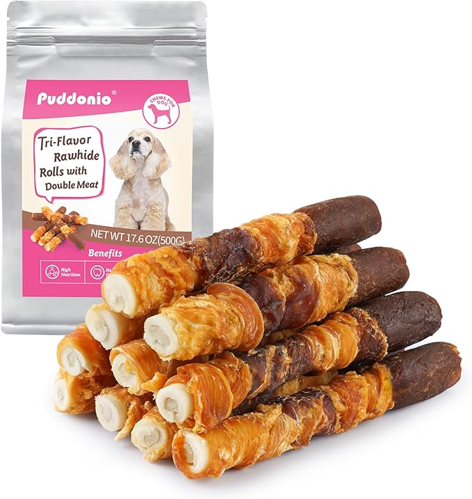 Dog Treats, Triple Flavor 6 Inch Rawhide Rolls, Chicken Duck and Chicken Liver Wrapped Rawhide Dog Chews, Suitable for Medium Dogs, 17.6 oz