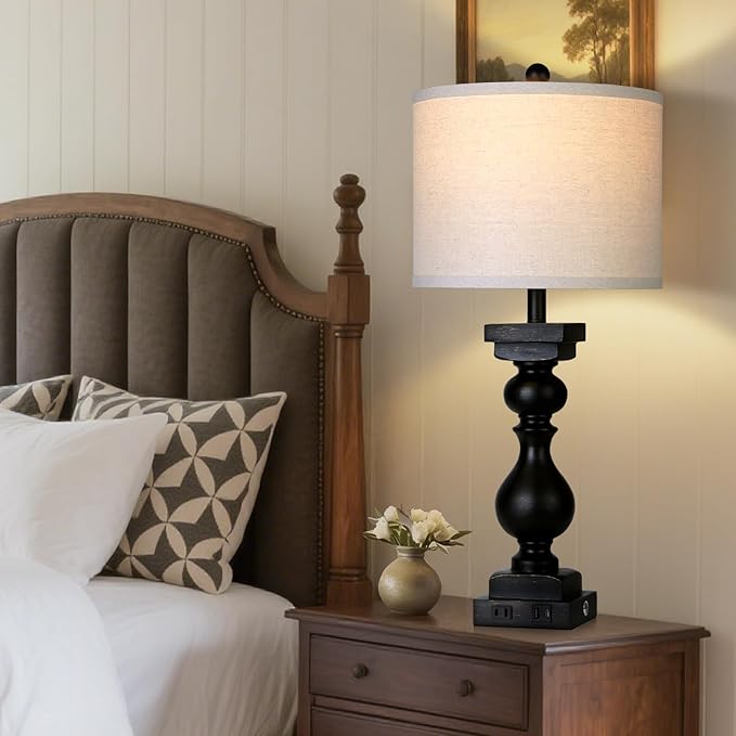 28" Tall Farmhouse Table Lamps Set of 2 with USB C+A Ports and AC Outlet, 3 Way Touch Tall Rustic Bedside Lamps for Living Room, Black Vintage Lamps for Bedroom