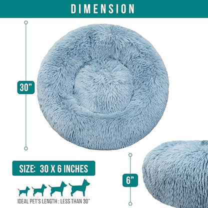 PetAmi Calming Dog Bed for Small Medium Dog Cat, Round Donut Washable, Fluffy Faux Fur Plush Cuddler Pet Kitten Cushion, Anti-Slip, Fits up to 45 lbs, 30 inch, Dusty Blue