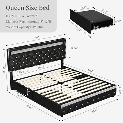 Queen Led Bed Frame with 2 Drawers, Heavy Duty Upholstered Platform Bed Frames Queen Size with Storage and Adjustable Crystal Button Tufted Headboard, No Box Spring Needed, Easy Assembly, PU Black