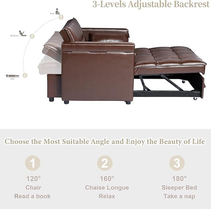 ORRD Convertible Sofa Bed, 3-in-1 Multi-Functional Faux Leather Sleeper Couch Pull-Out Bed, 48'' Loveseat Bed Chaise Lounge with Adjustable Backrest and Hidden Side Table for Living Room, Small Space