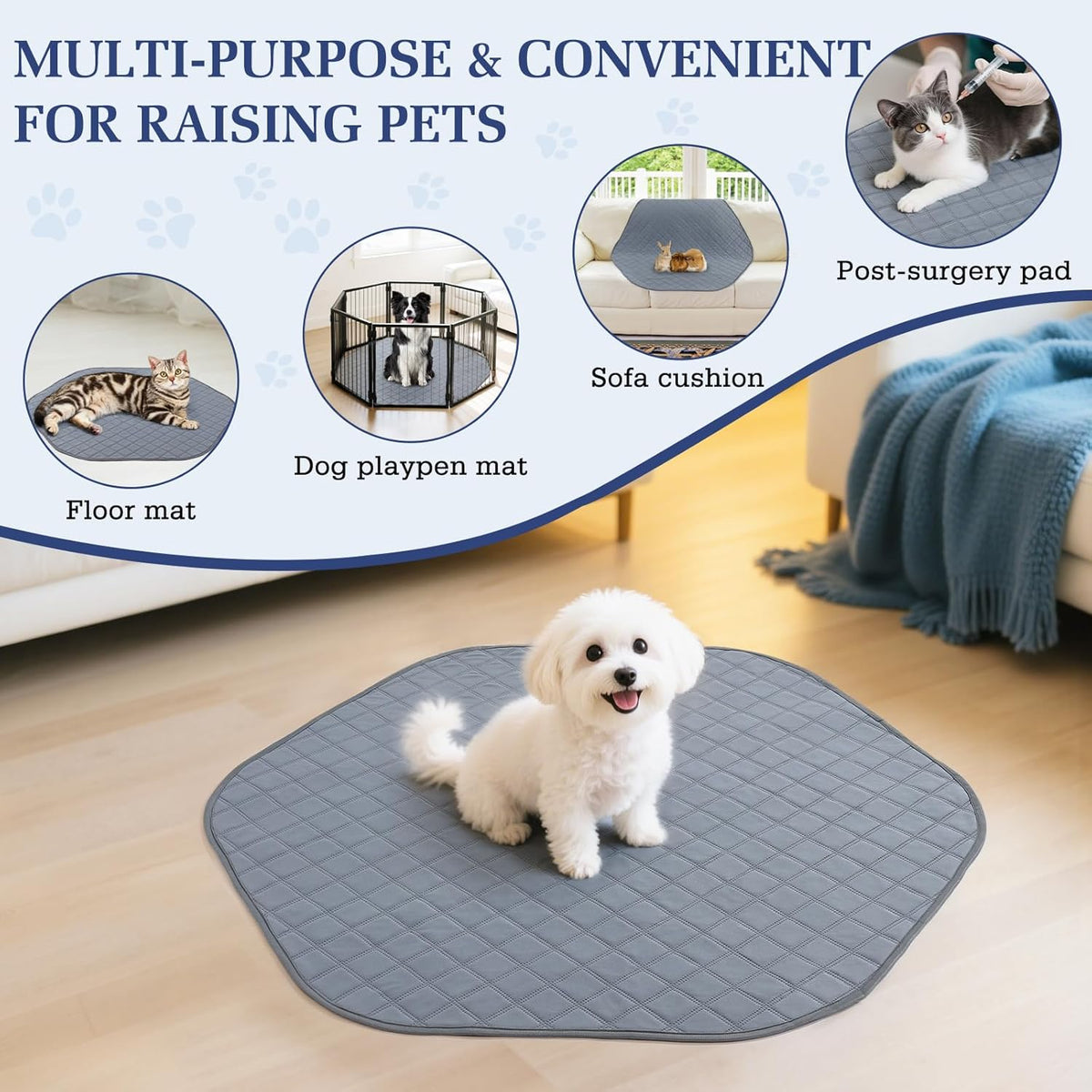 2-in-1 Small Animals Playpen with Pad, Waterproof Small Pet Cage Tent with Reusable Pad, Portable Outdoor Yard Fence with 3 Metal Rod for Chick/Kitten/Puppy/Guinea Pig/Rabbits/Chinchillas, Gray