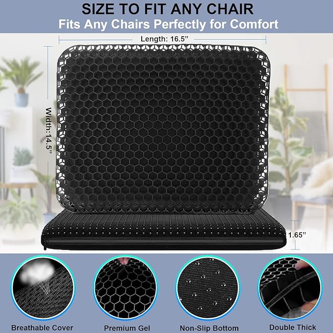 Gel Seat Cushion for Long Sitting Pressure Relief - Non-Slip Gel Chair Cushions for Back, Sciatica, Tailbone Pain Relief - Seat Cushion for Office Desk Chair, Car Seat – Wheelchair Cushions