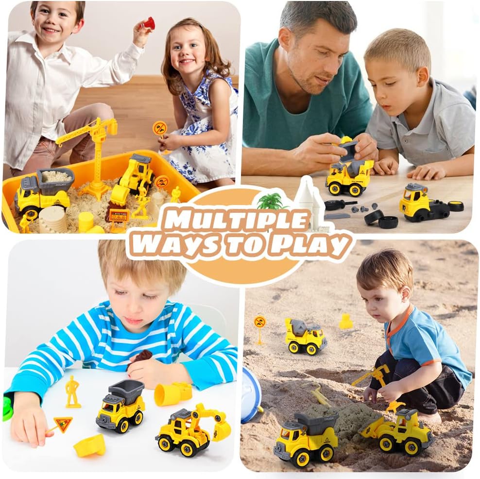OENUX Play Sand Construction Set, Beach Building Castle Kit w/ 2.2lbs Play Sand, 4 Take Apart Construction Trucks Toys and Signs, Sensory Sandbox with Cover for Boy Girl Kid Toddlers Age 3-8