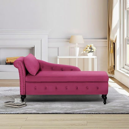 ACMEASE Velvet Chaise Lounge with Left Armrest & Storage Space,Button Tufted Lounge Chair w/Lumbar Pillow,Modern Upholstered Lounge Chair for Bedroom, Living Room and Office, Fuchsia