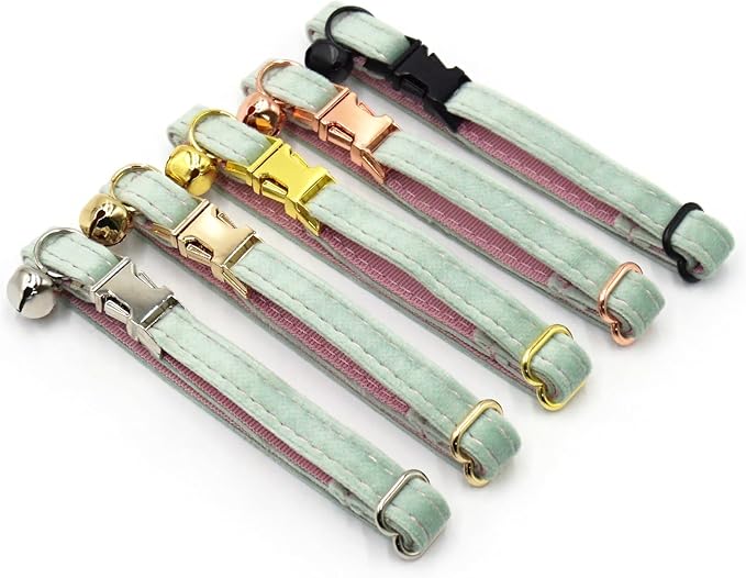 Personalized Cat Collar with Bells,Velvet Customized Small Cat Collar with Name Tag,Pet Collar with Name Phone Number Engraved ID Tags for Boy and Girl Kitten Cats (Mint Powder)