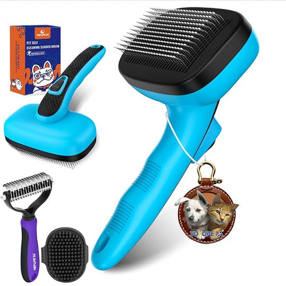 Dog Brush Kit - Self-Cleaning Slicker Brush with Bath Brush & Undercoat Rake | Deshedding Tools for Large - Small Dogs & Cats, Professional 3-in-1 Pet Grooming Set for Heavy Shedding, Blue
