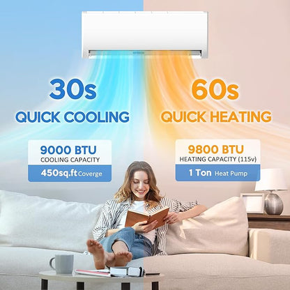 9000 BTU Mini Split Air Conditioner ＆ Heat Pump, 115V Wall Mount Ductless