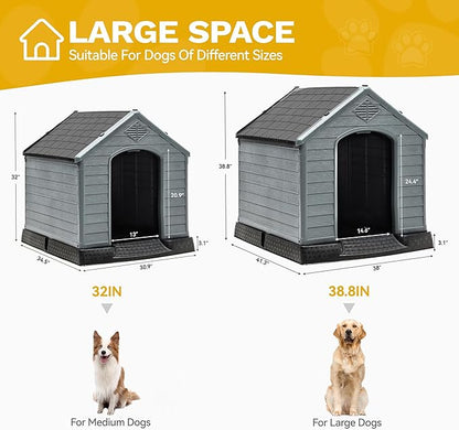 DWVO Plastic Dog House, Weatherproof Outdoor/Indoor Doghouse, Puppy Kennel with Air Vents and Elevated Floor