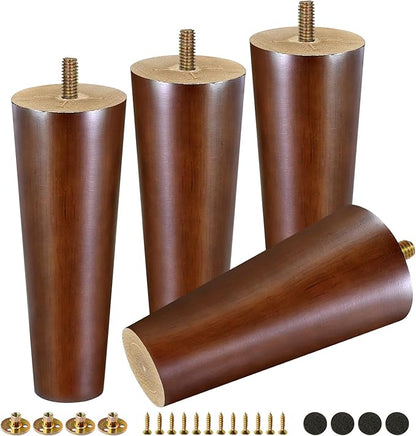 FoDau770 Brown Rubber Wood Furniture Legs 7 Inches, Straight Tapered Wood Feet Mid Century Sofa Legs Set of 4, 5/16" UNC Furniture Feet Replacement Parts for Cabinet Couch Dresser Chair Ottoman Table