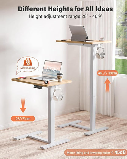 FiCiHi Small Electric Standing Desk - Adjustable Height Bedside Laptop Table with Wheels, Mobile, Portable Rolling Computer Cart,Movable, Home Office, Sofa, Couch Use(24x16,Maple)