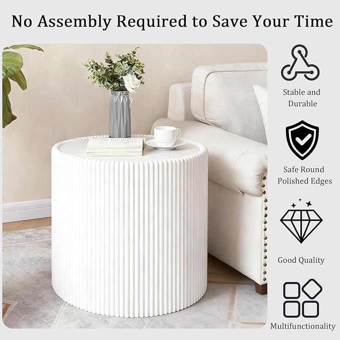 White Round Coffee Table with Sintered Stone Tabletop, 17.71" Drum Coffee Table with Fluted PU Leather Covered and Stable Base, Circle Cocktail Tea Table for Living Room