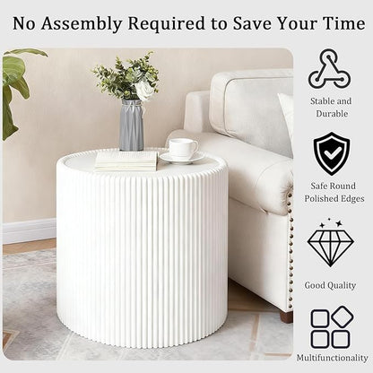White Round Coffee Table with Sintered Stone Tabletop, 17.71" Drum Coffee Table with Fluted PU Leather Covered and Stable Base, Circle Cocktail Tea Table for Living Room