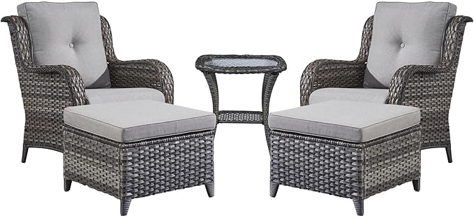 Rilyson Wicker Patio Furniture Set - 5 Piece Rattan Outdoor Sectional Conversation Sets with 2 Chairs,2 Ottomans and 1 Side Table for Porch Deck Garden(Mixed Grey/Grey)