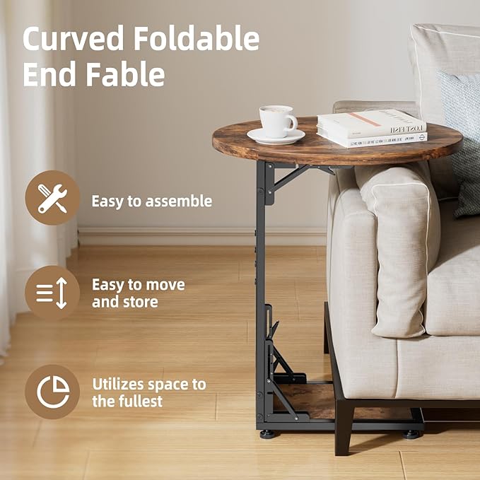 Elbourn Folding Side Table End Couch Tables,Metal Frame C-Shaped TV Stand for Sofa Living Bedroom Bedside Coffee Small Spaces(Vintage Wood Color)
