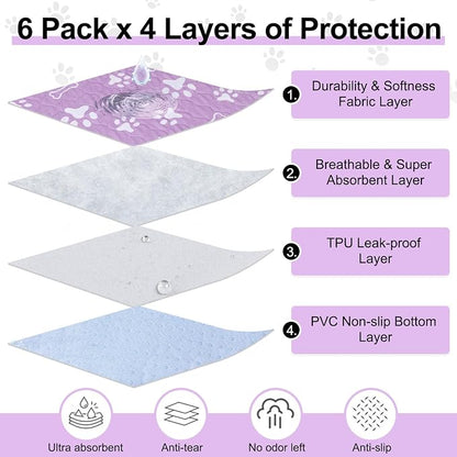 BEAUTYZOO 6 Pack Washable Pee Pads for Dogs,Reusable Puppy Pads 16x24 | Waterproof Super Absorbent,Non Slip and Leak-Proof Against Urine,Whelping Pads Mats for Puppy Potty Training,Playpen,Crate