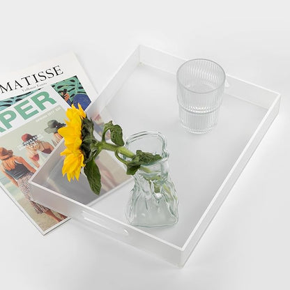 16"x12" Large Acrylic Serving Tray Decorative Ottoman Coffee Table Vanity Tray Tea Fruit Platter Snack Appetizer Dessert Drink with Handles for Bar Kitchen Party, Frosted