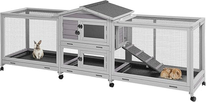 Rabbit Hutch Indoor Outdoor, 93.7" Large Rabbit Cage with 4 Pull Out Trays & Wheels, Wooden Bunny Cage with Weatherproof Asphalt Roof, Pet House for Rabbits, Guinea Pigs and Small Animals