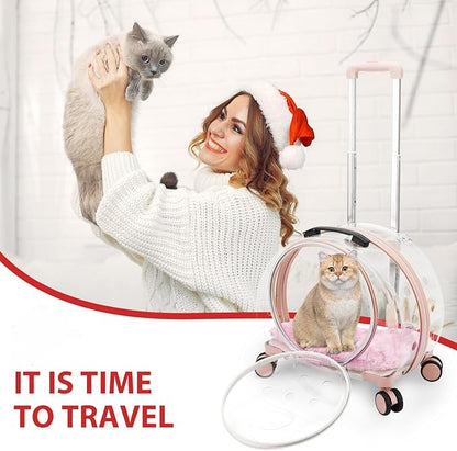 Transparent & Fully Breathable Hard cat Carrier with Rolling Wheels for Dogs, Cats, Multiple Carrying Options, Perfect for Traveling/Taking a Walk