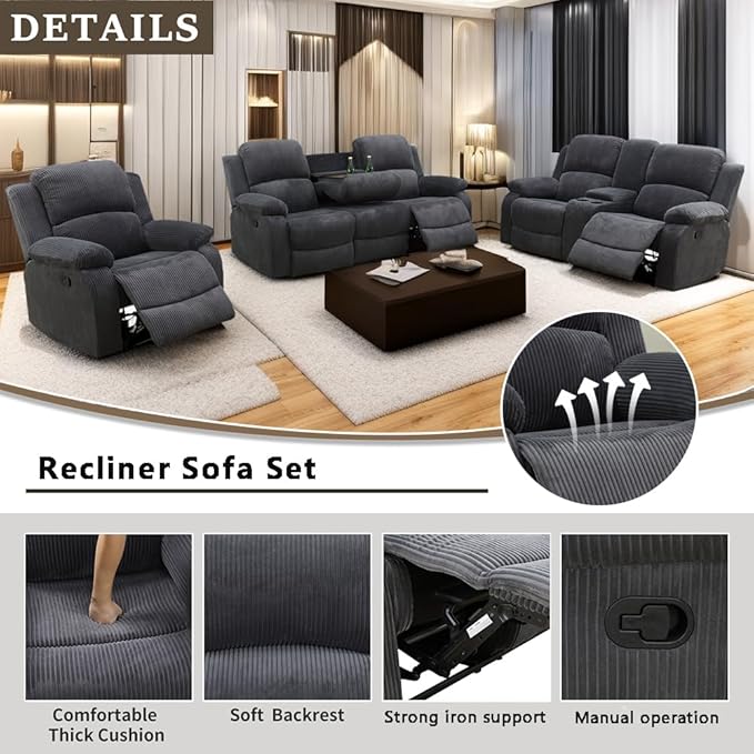 A Ainehome Living Room Furniture Set Recliner Sofa Set Loveseat Chair Furniture Sofa Set Grey Corduroy for Living Room/Rv/House/Theater Seating (A-Dark Grey Corduroy, 3 Piece Set)