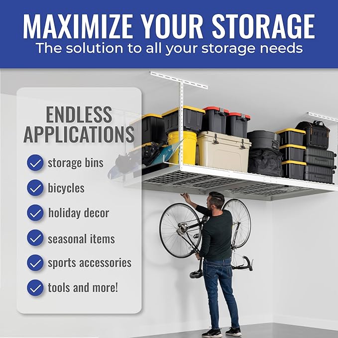 SafeRacks 4 ft x 8 ft Overhead Storage Rack Adjustable 24 in - 45in Height